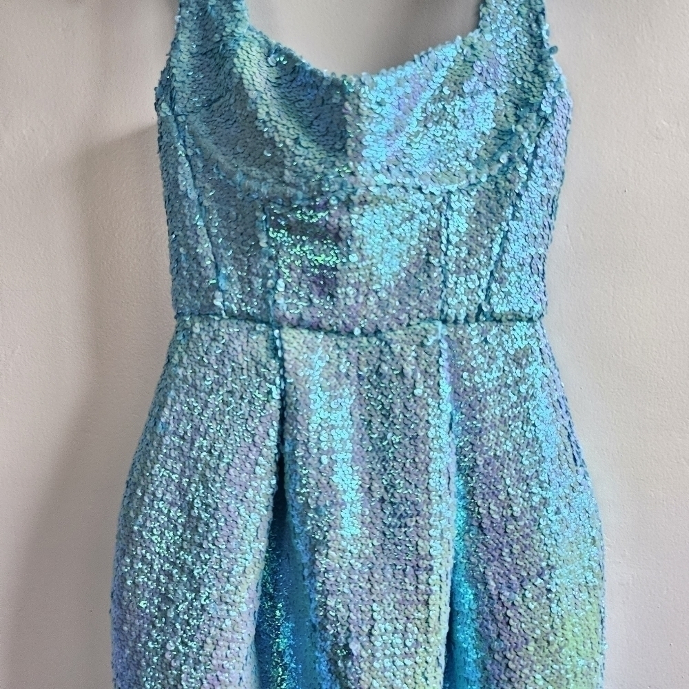 New Bronx And Banco Pleated Sequin Sweetheart Turquoise Midi Dress Large/8 US - Picture 11 of 15
